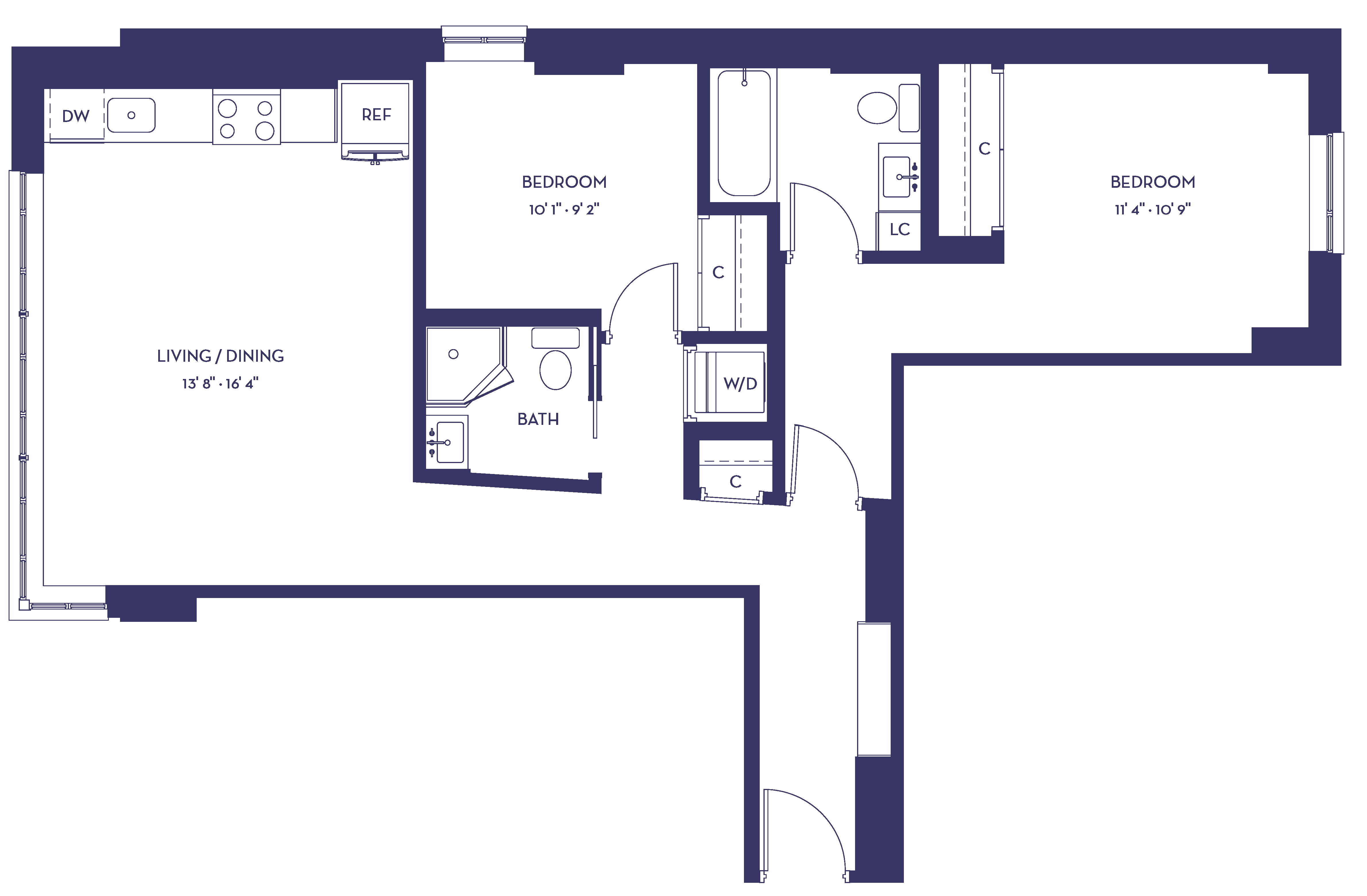 Floor plan for 2 beds, 2 baths, 817 sqft